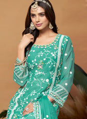 Turquoise Blue Pakistani Suit with Soft Organza Bottom