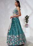 Turquoise Blue Poly Georgette Lehenga Choli Set with Sequins and Thread Embroidery