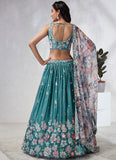 Turquoise Blue Poly Georgette Lehenga Choli Set with Sequins and Thread Embroidery