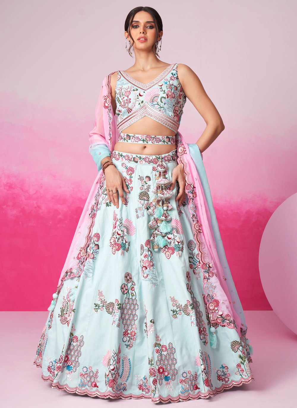 Turquoise Blue Silk Bridesmaid Lehenga with Zarkan & Sequin Embroidery