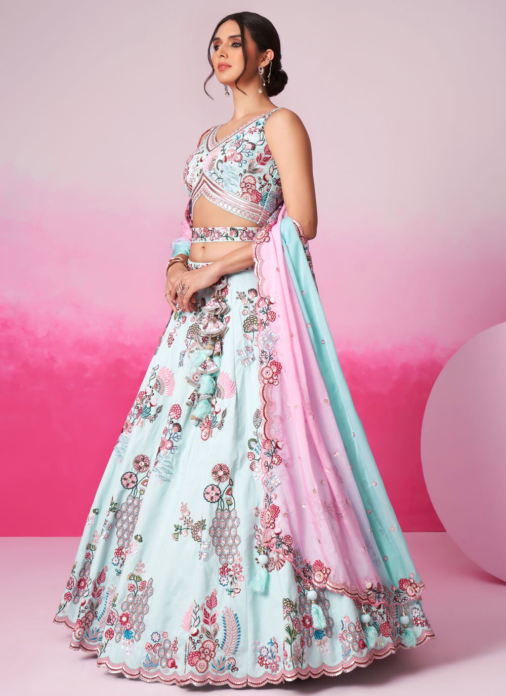 Turquoise Blue Silk Bridesmaid Lehenga with Zarkan & Sequin Embroidery