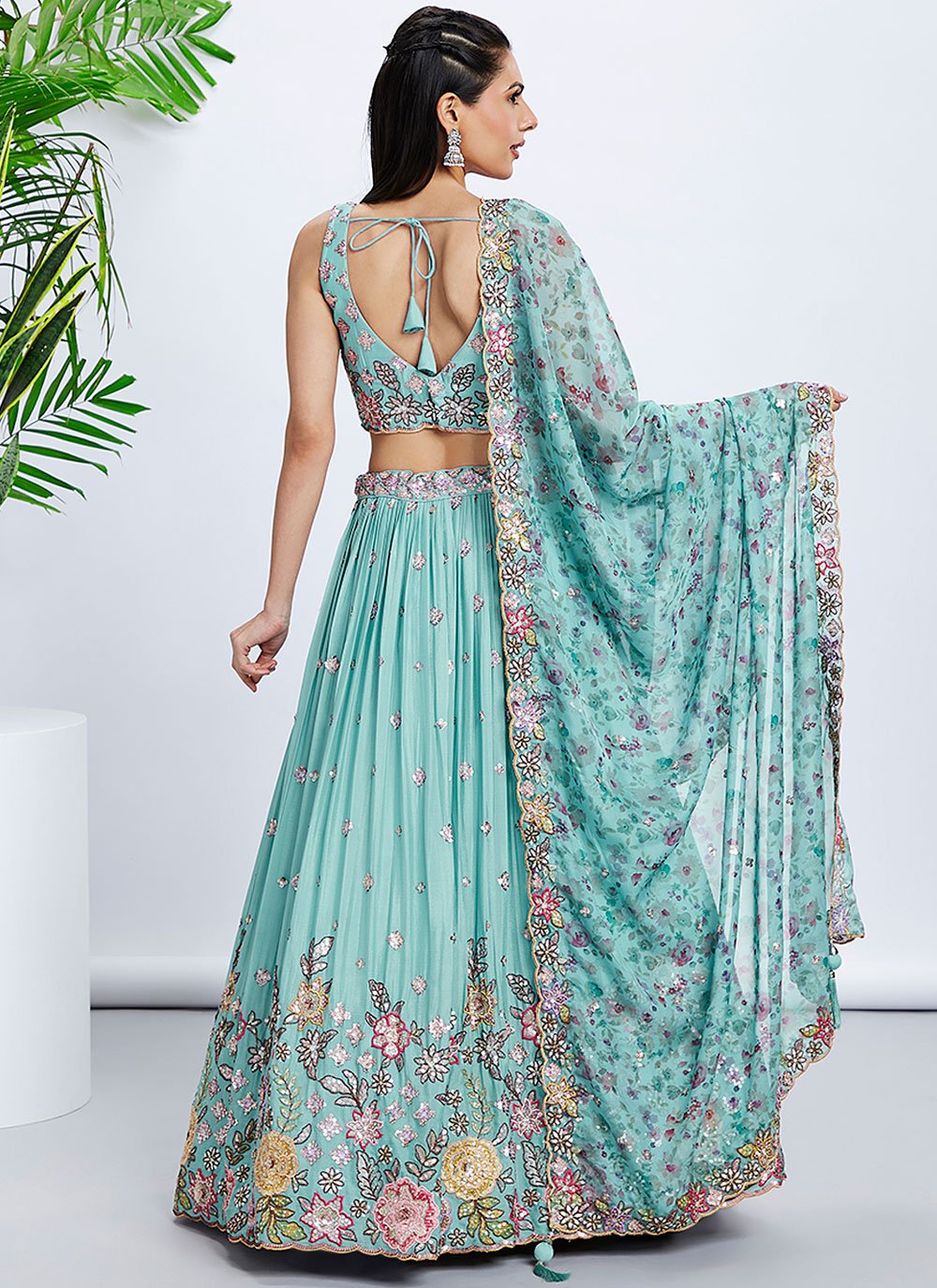 Turquoise Blue Silk Chiffon Sequins and Embroidery Lehenga