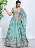 Turquoise Blue Silk Chiffon Sequins and Embroidery Lehenga