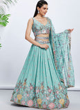 Turquoise Blue Silk Chiffon Sequins and Embroidery Lehenga