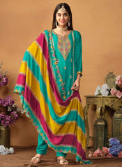 Turquoise Chinon Silk Embroidered Pakistani Suit