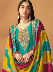 Turquoise Chinon Silk Embroidered Pakistani Suit