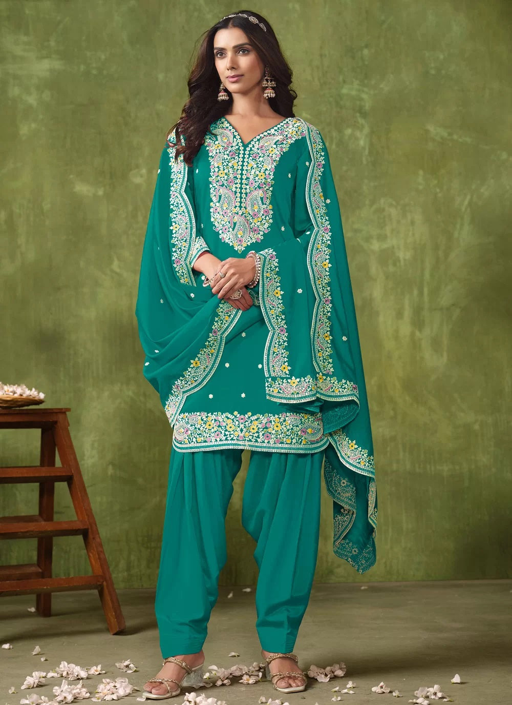 Turquoise Color Silk Embroidery Patiyala Salwar Suit