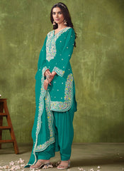 Turquoise Color Silk Embroidery Patiyala Salwar Suit