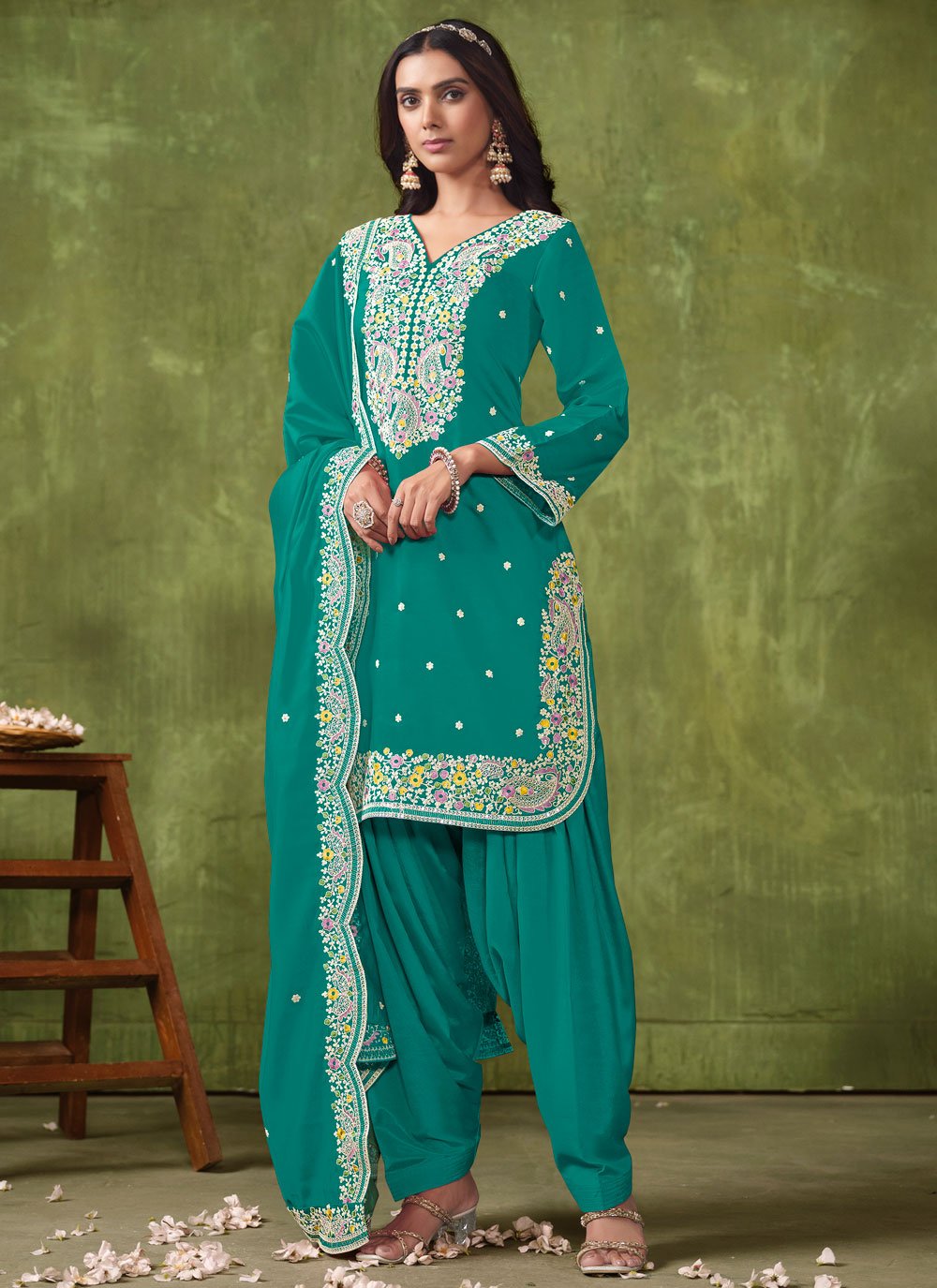 Turquoise Color Silk Embroidery Patiyala Salwar Suit