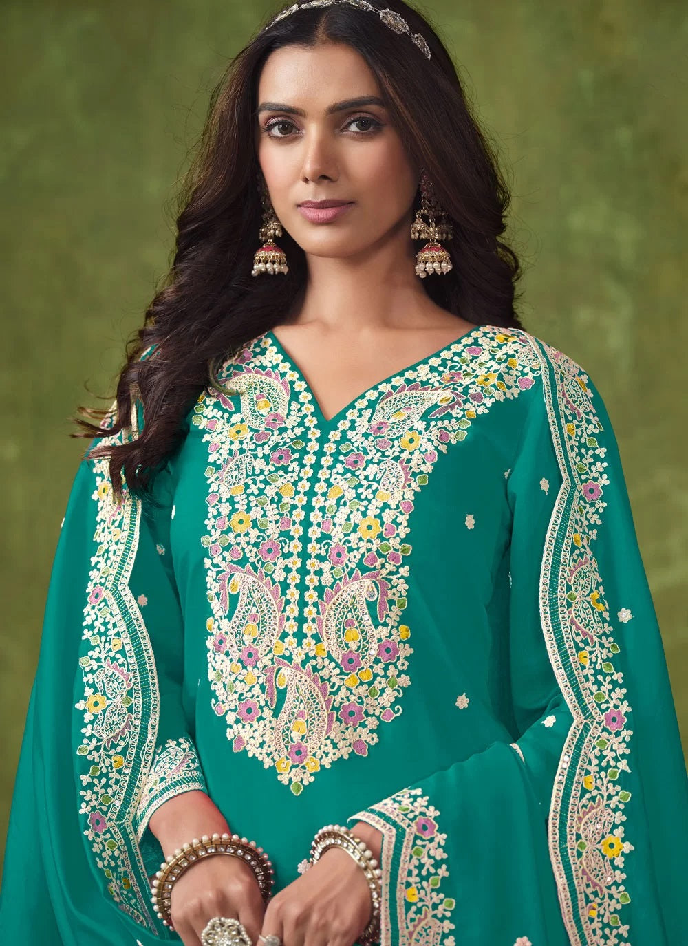 Turquoise Color Silk Embroidery Patiyala Salwar Suit