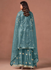 Turquoise net embroidered suit set with matching palazzo bottom and dupatta