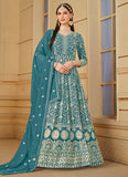 Flowy Turquoise Faux Georgette Embroidered Anarkali Suit
