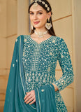 Flowy Turquoise Faux Georgette Embroidered Anarkali Suit