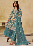Turquoise Sequins Embroidered Net Sharara Dress with Satin Inner – Wedding & Party Wear Outfit