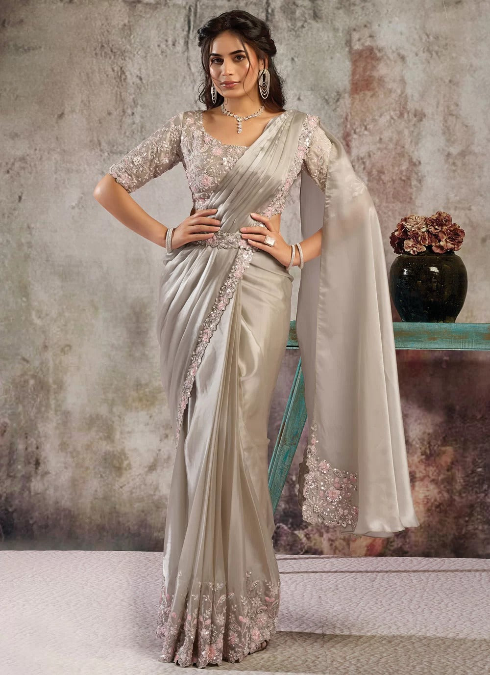 Tussar Armani Satin Silk Ready-To-Wear Saree with Dual Sequins & Rainbow Stone Work