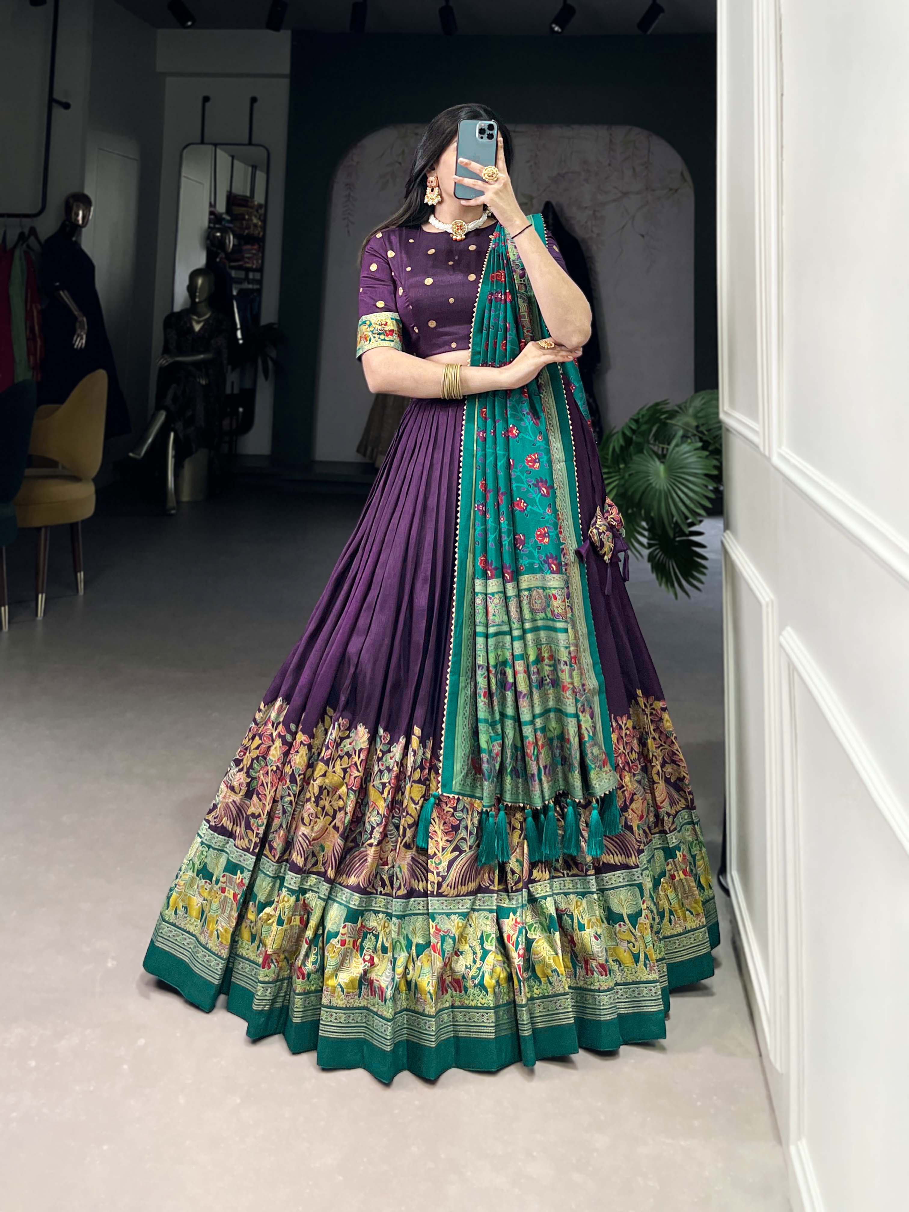 Purple Color Printed Foil Work Tussar Silk Lehenga Choli