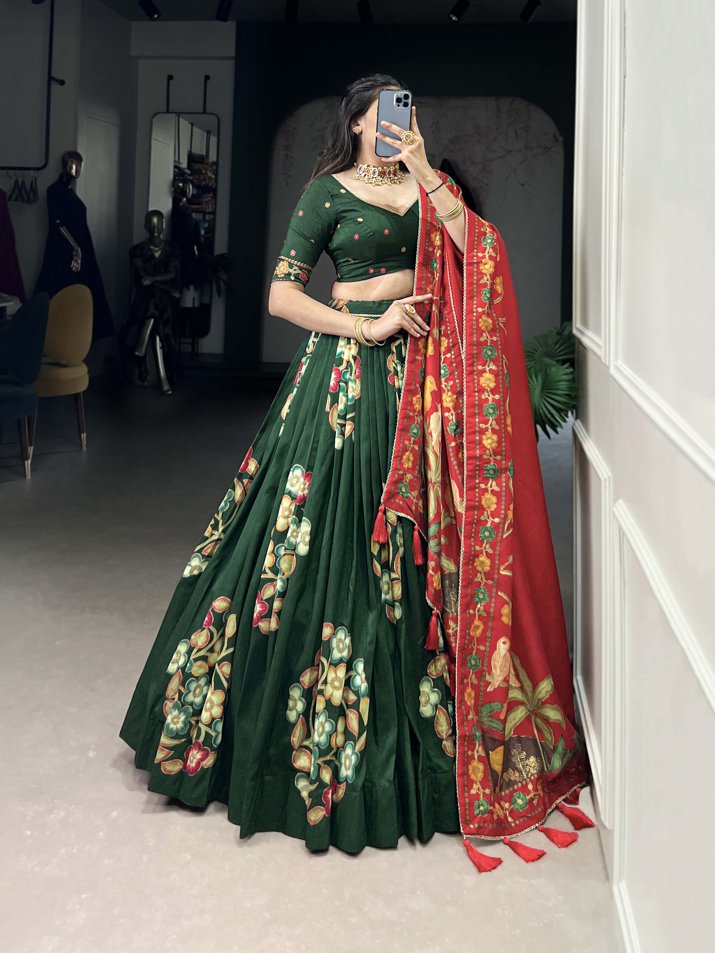 Green Color Printed And Foil Work Tussar Silk Lehenga Choli