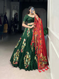 Green Color Printed And Foil Work Tussar Silk Lehenga Choli