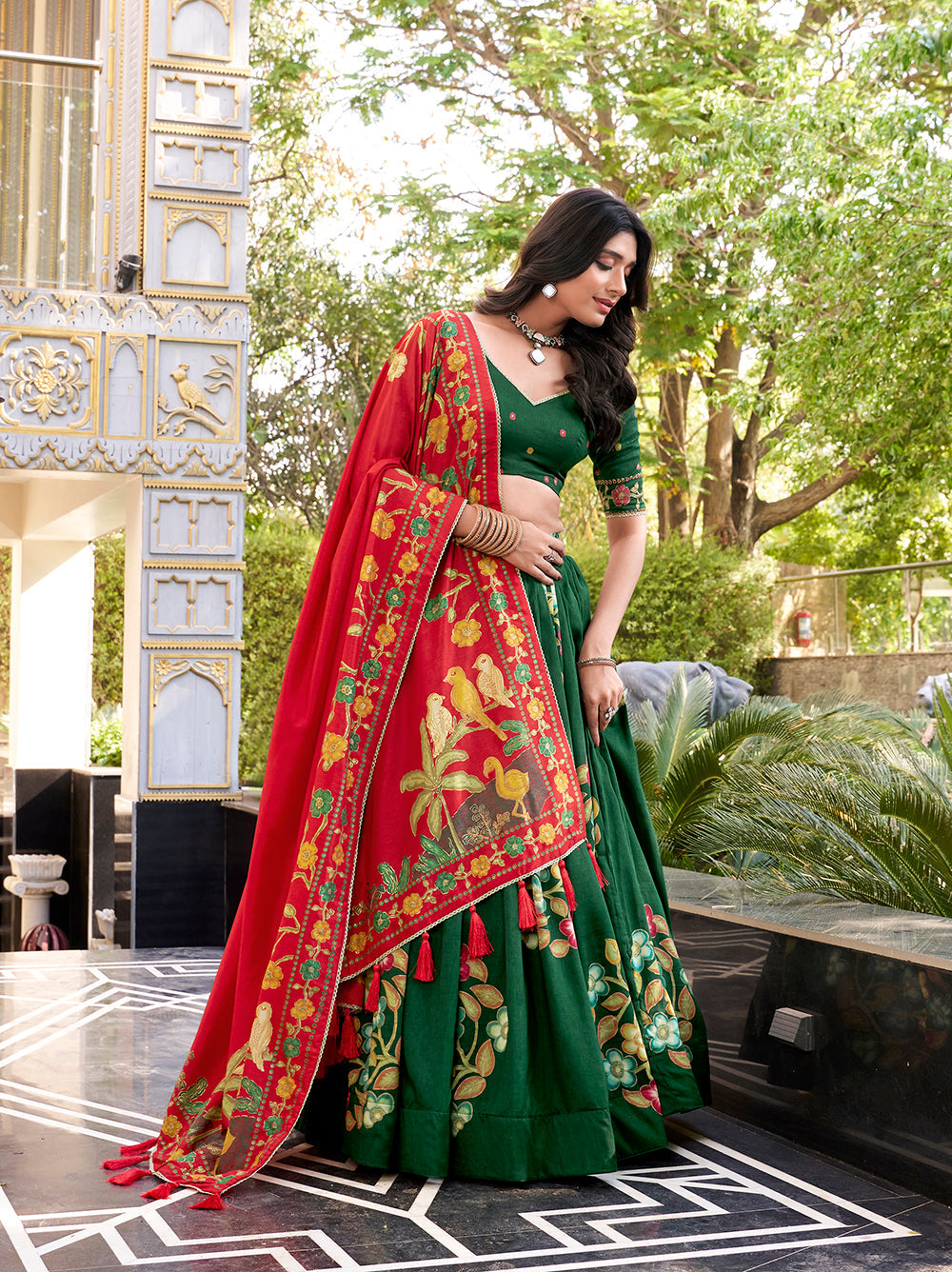 Green Tussar silk lehenga with foil print and lace work