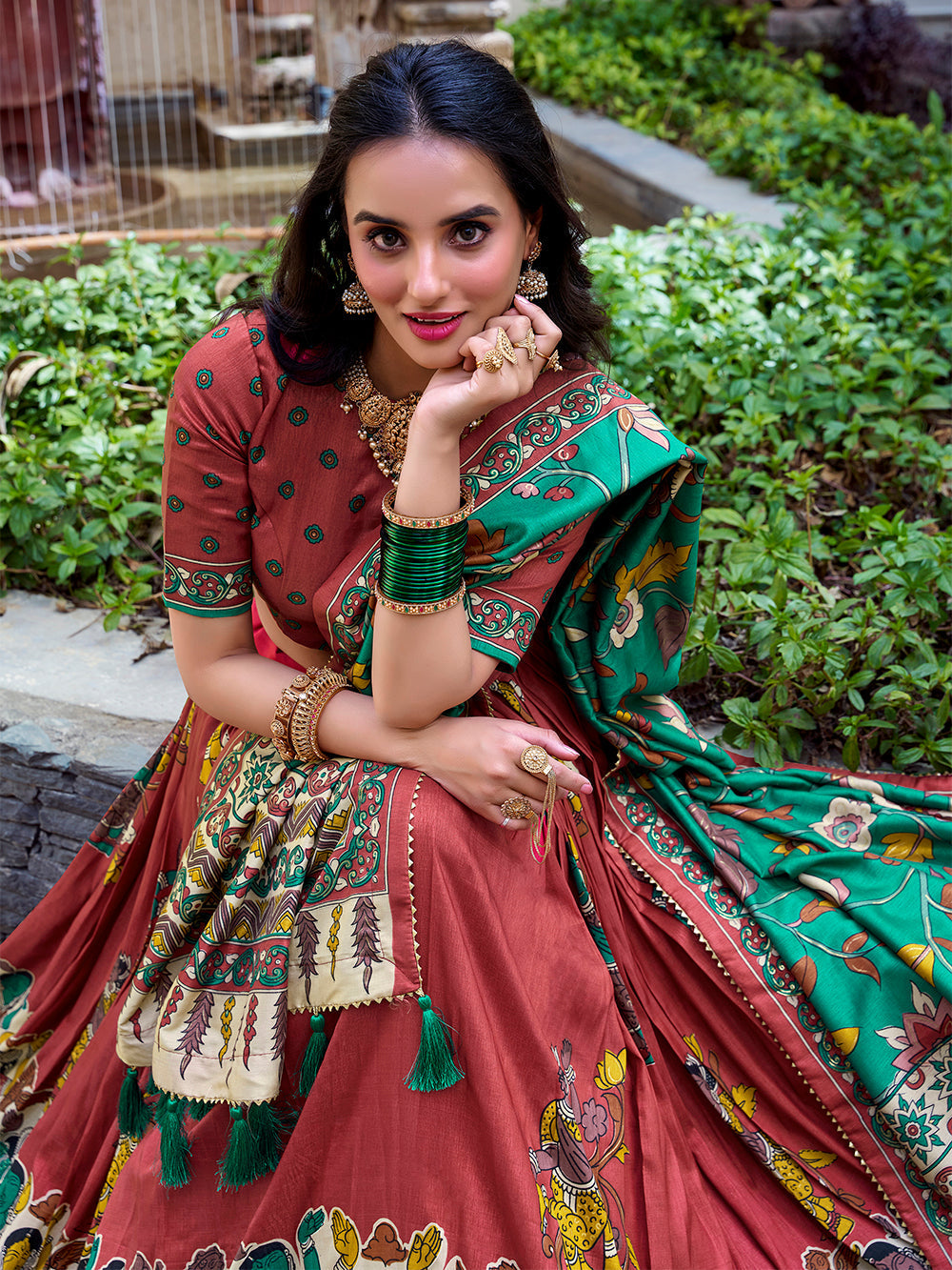 Salmon Color Kalamkari Print With Foil Work Tussar Silk Lehenga Choli