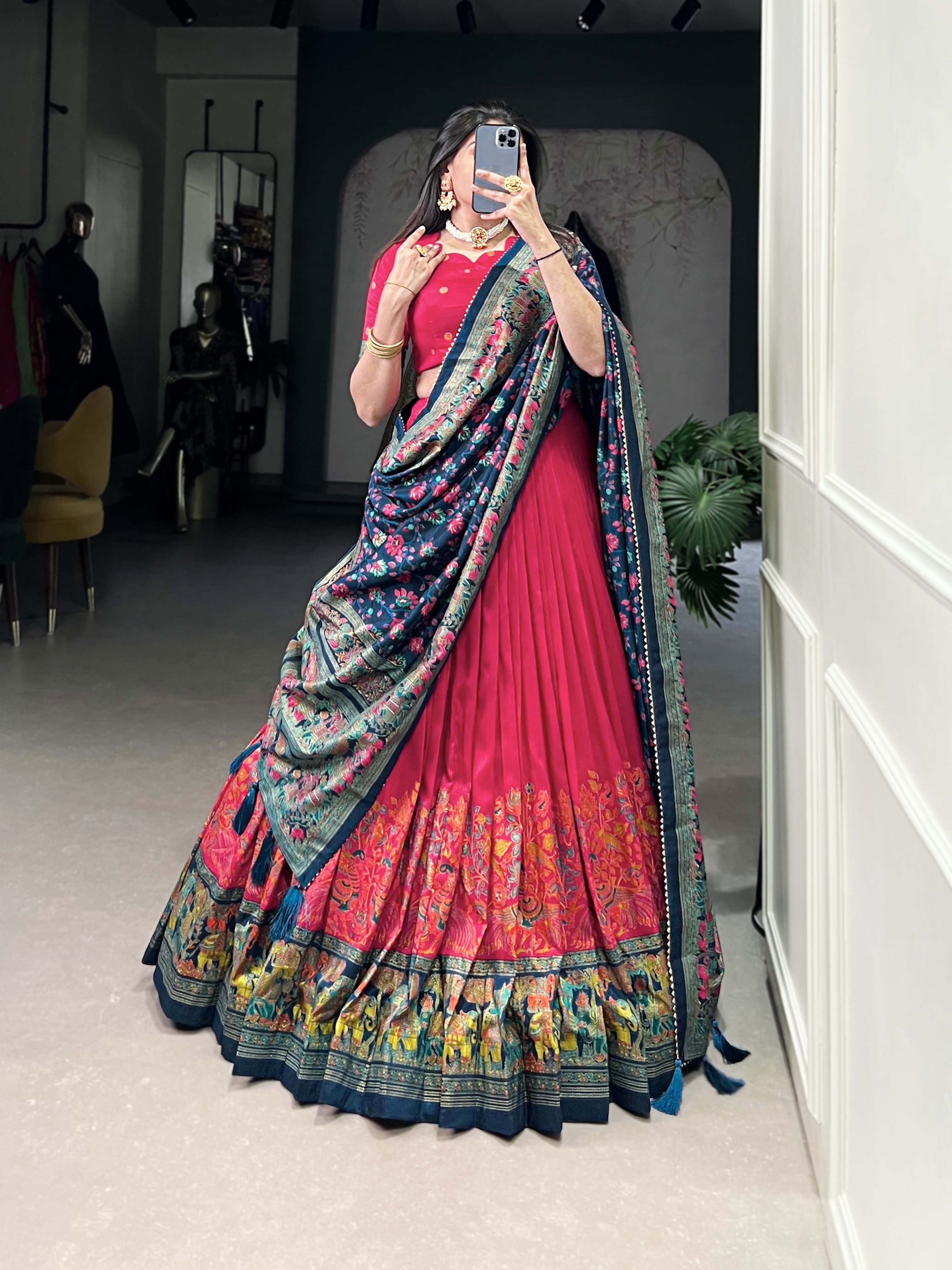 Pink Color Printed Foil Work Tussar Silk Lehenga Choli