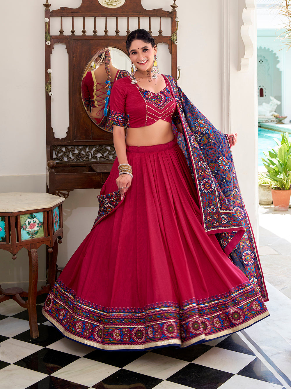 Pink gamthi print tasar silk lehenga choli