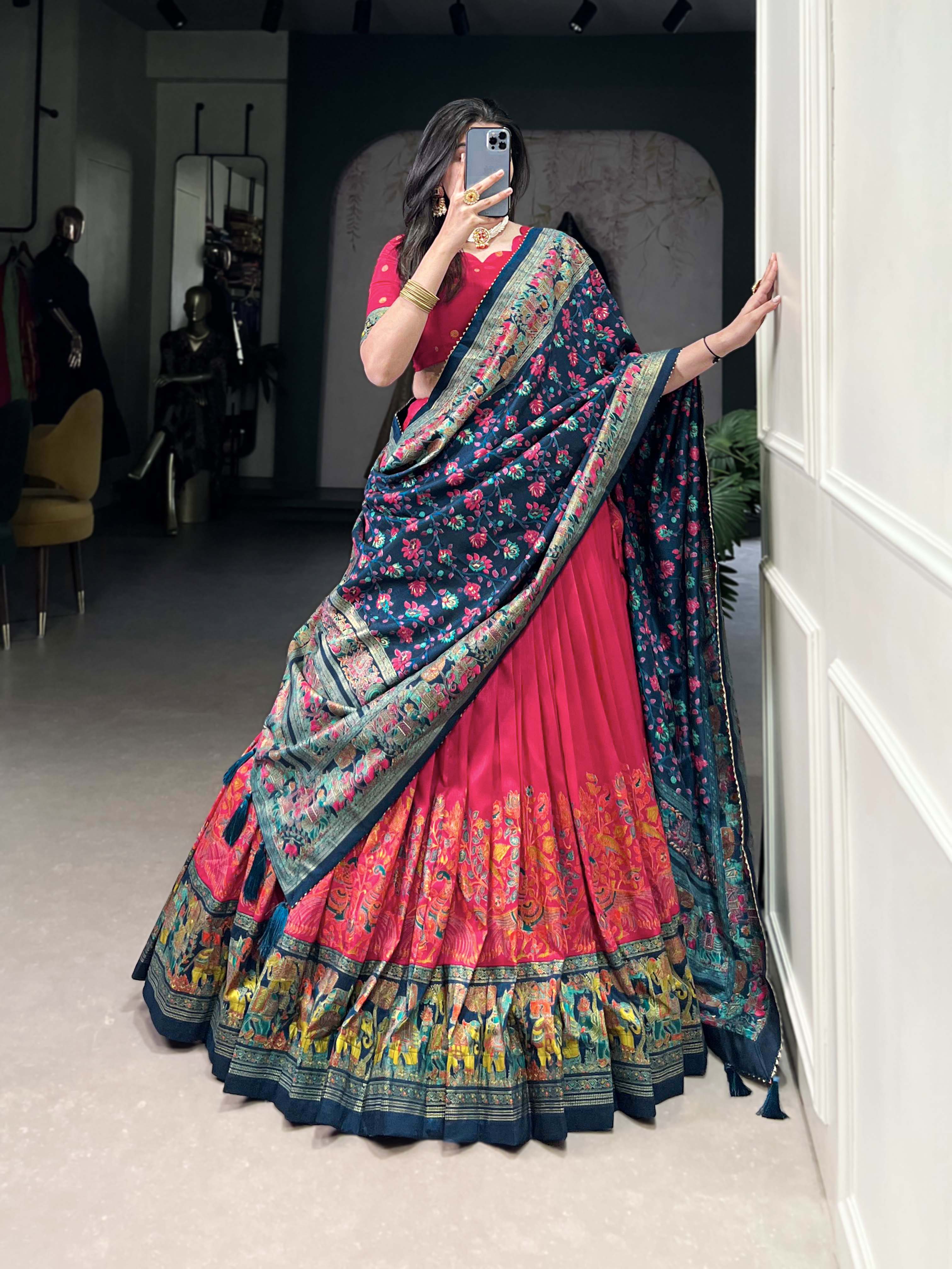 Pink Color Printed Foil Work Tussar Silk Lehenga Choli