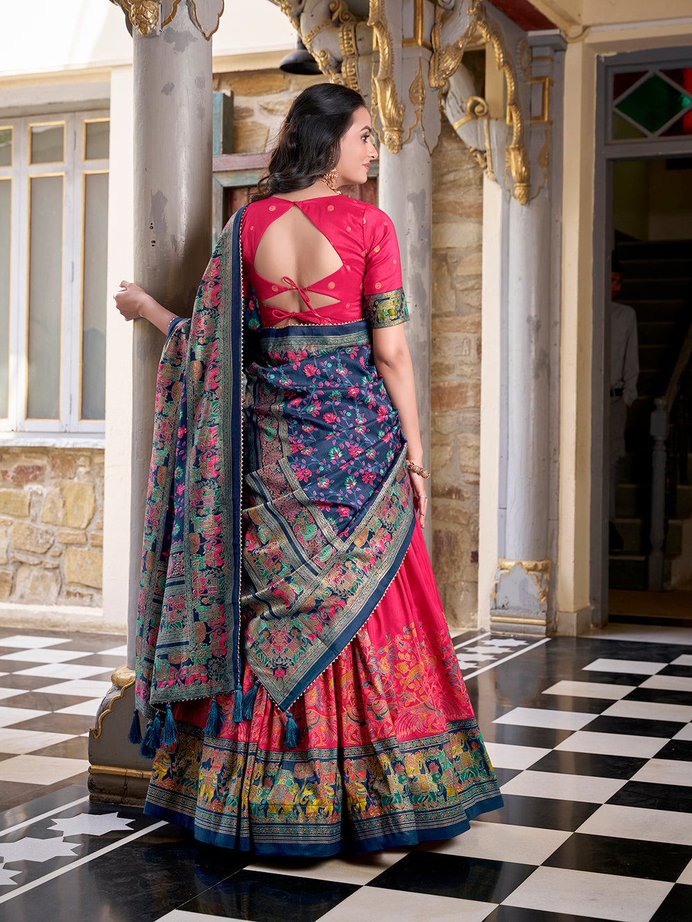 Pink Color Printed Foil Work Tussar Silk Lehenga Choli