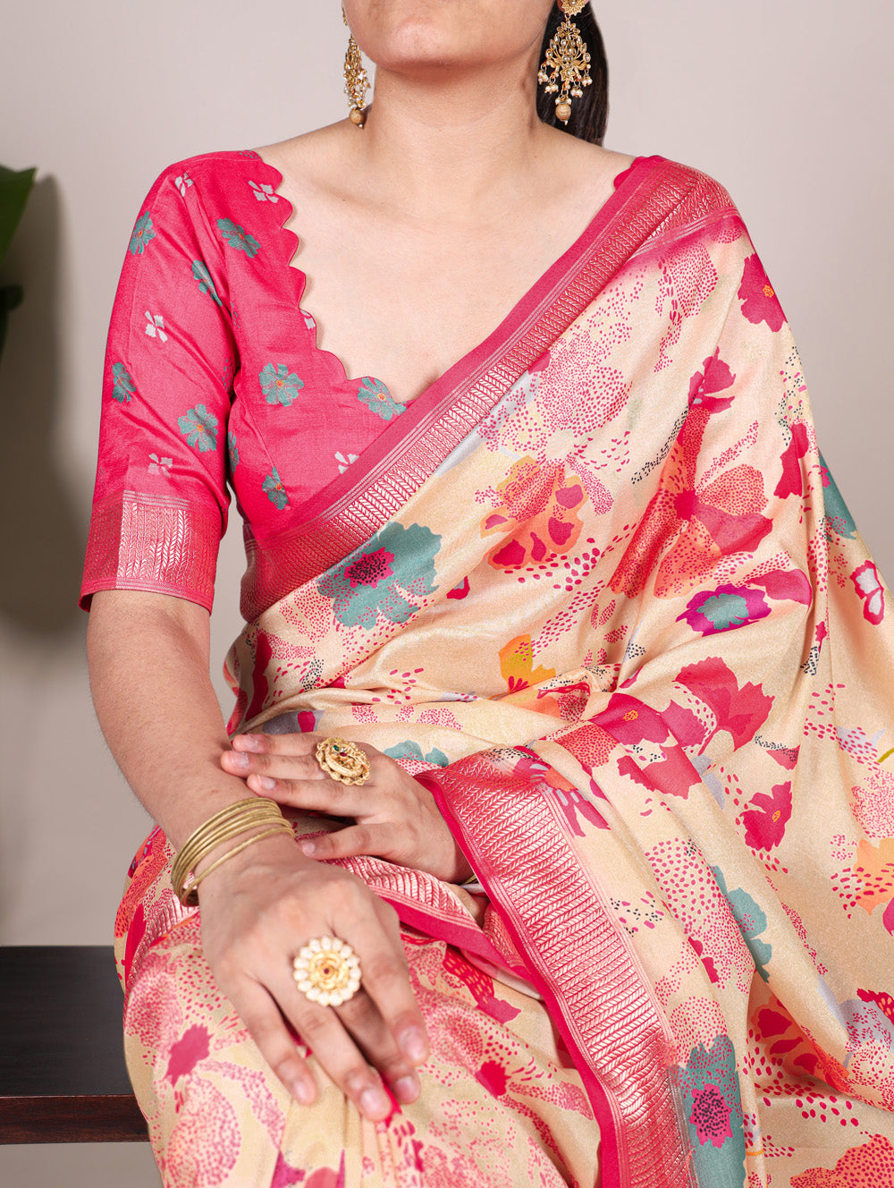 Cream tussar silk floral printed saree