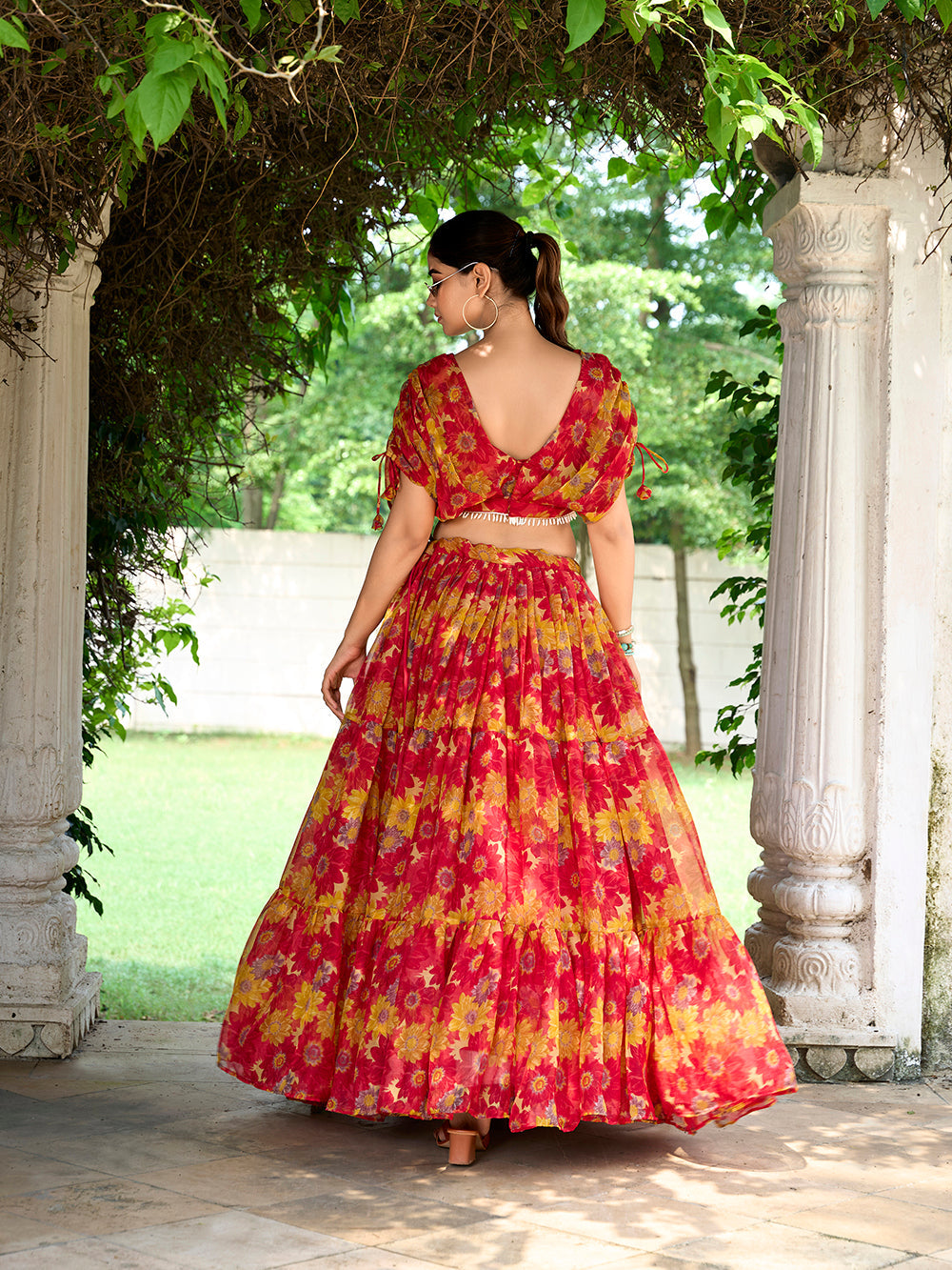 Red Color Floral Print Chiffon Co-ord Set Chaniya Choli