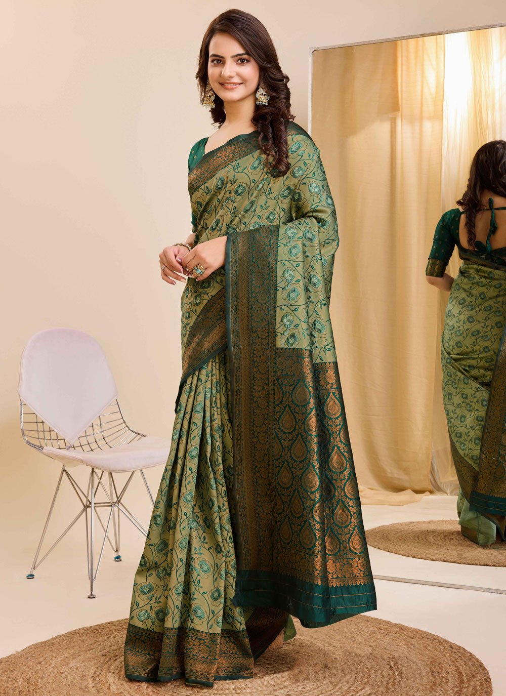 Unique Green Soft Kanjivaram Silk Indian Saree