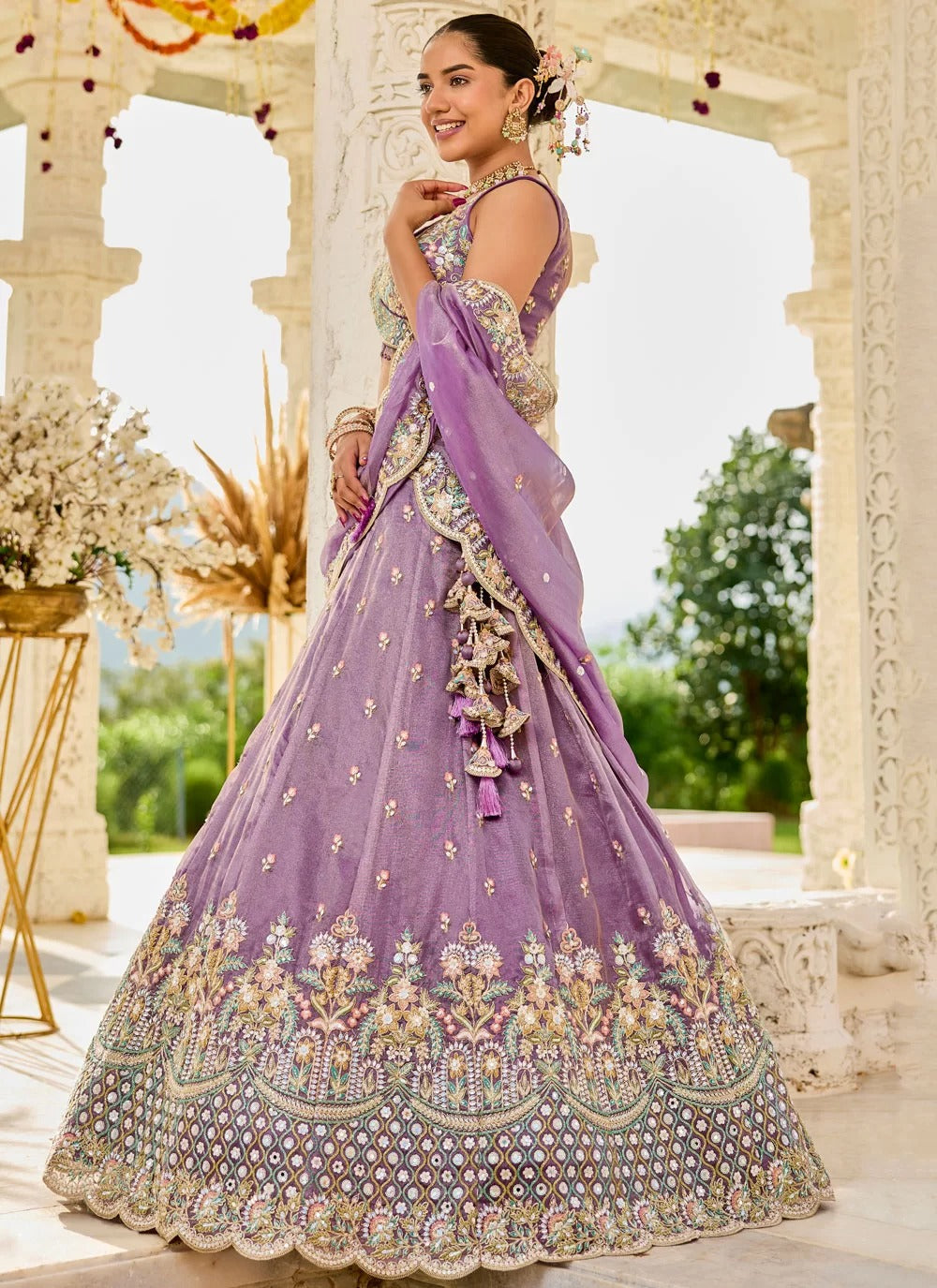 V-Neck Purple Satin Silk Blouse with Bridal Lehenga