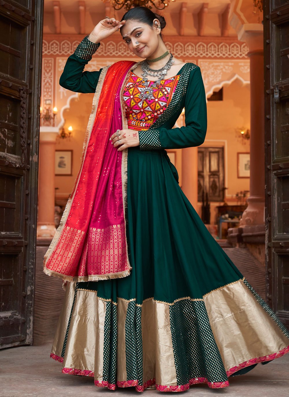 Vibrant Green Viscose Rayon Navratri Lehenga Choli with Mirror Work