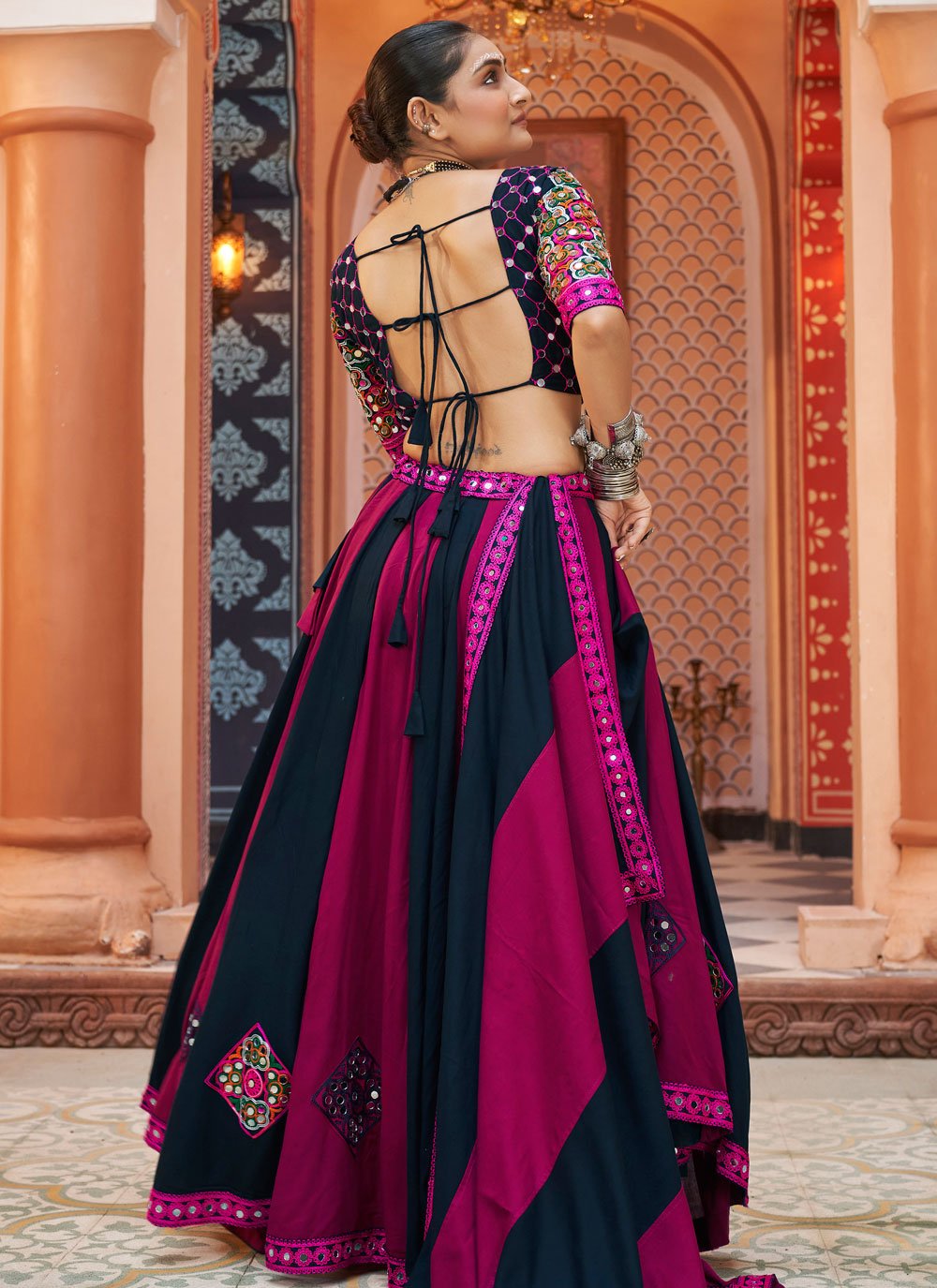 Vibrant Multicolor Viscose Rayon Designer Navratri Lehenga with Mirror Embroidery