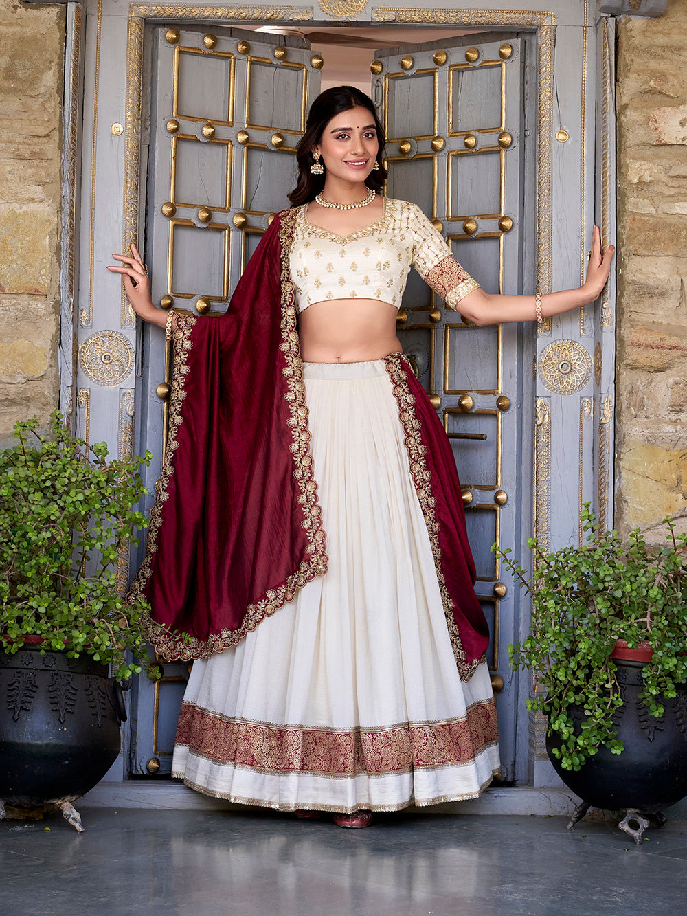 Off White Color Zari Weaving Work Lace Border Vichitra Silk Lehenga Choli