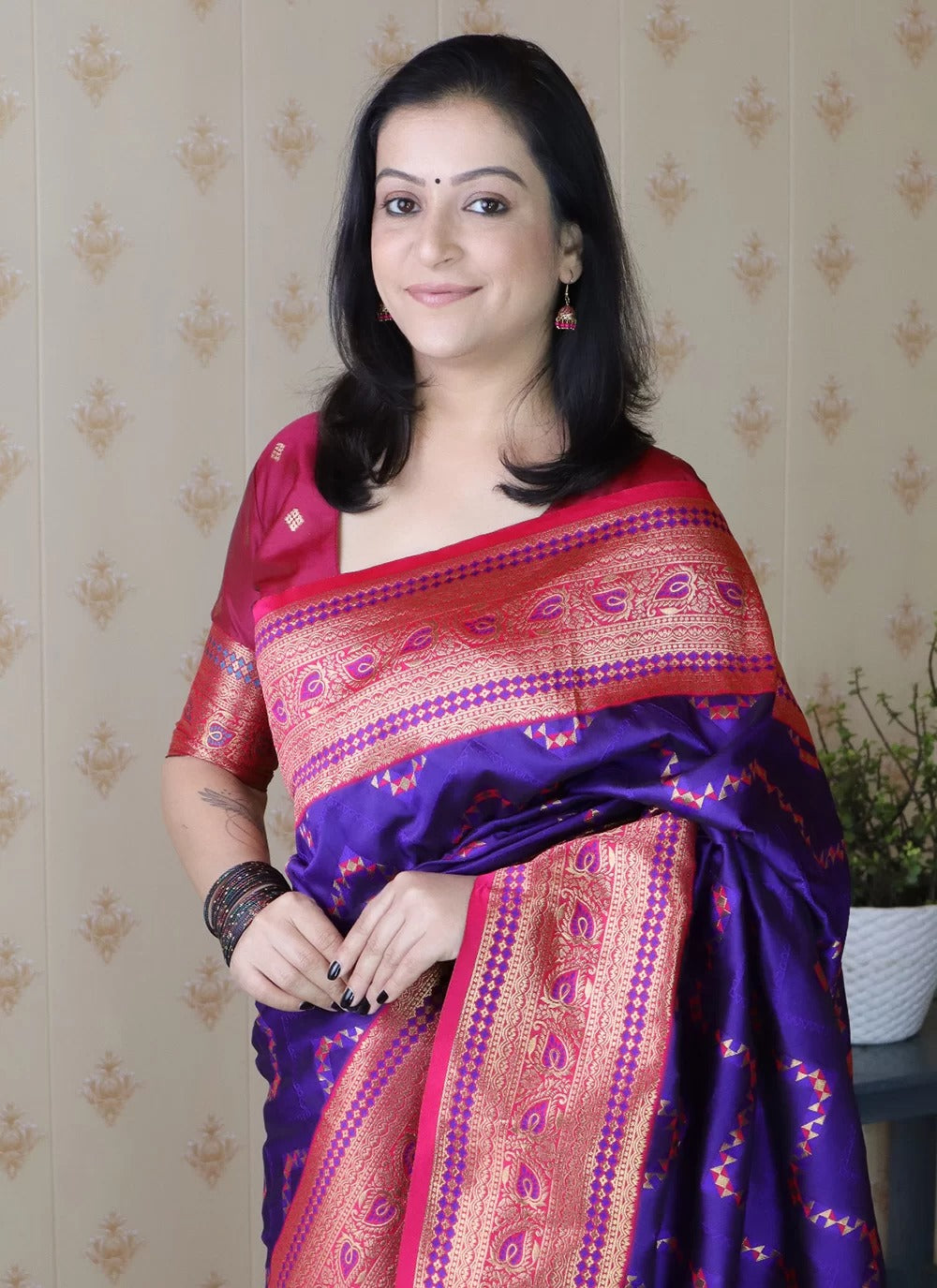 designer banarasi silk saree violet with gold zari weaving