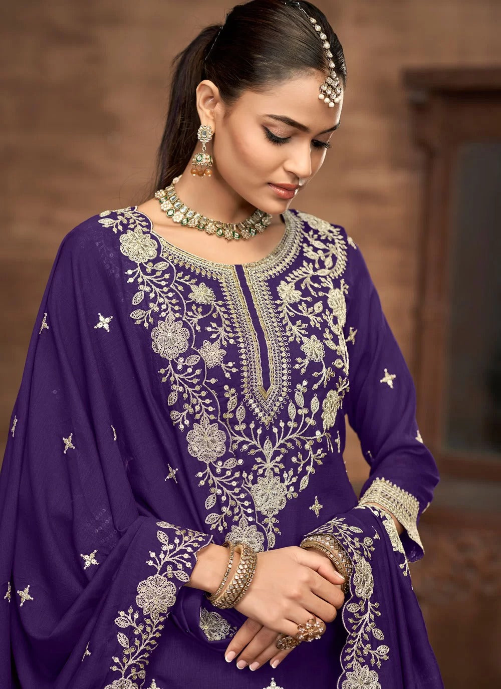 designer wedding lehenga for women in violet vichitra silk