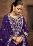 designer wedding lehenga for women in violet vichitra silk