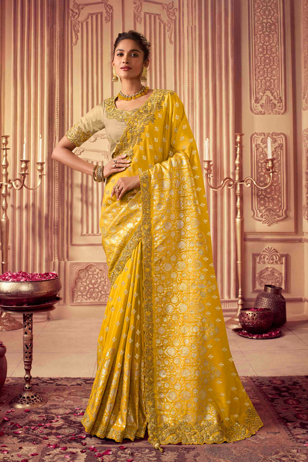Viscose Silk Resham And Sequins Embroidered Indian Party Wear Saree in Yellow