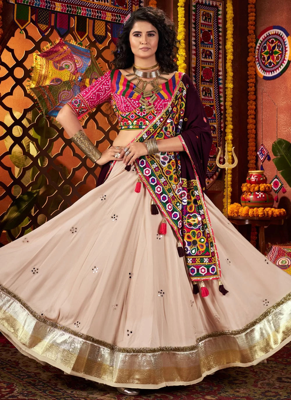 beige lehenga with pink blouse navratri