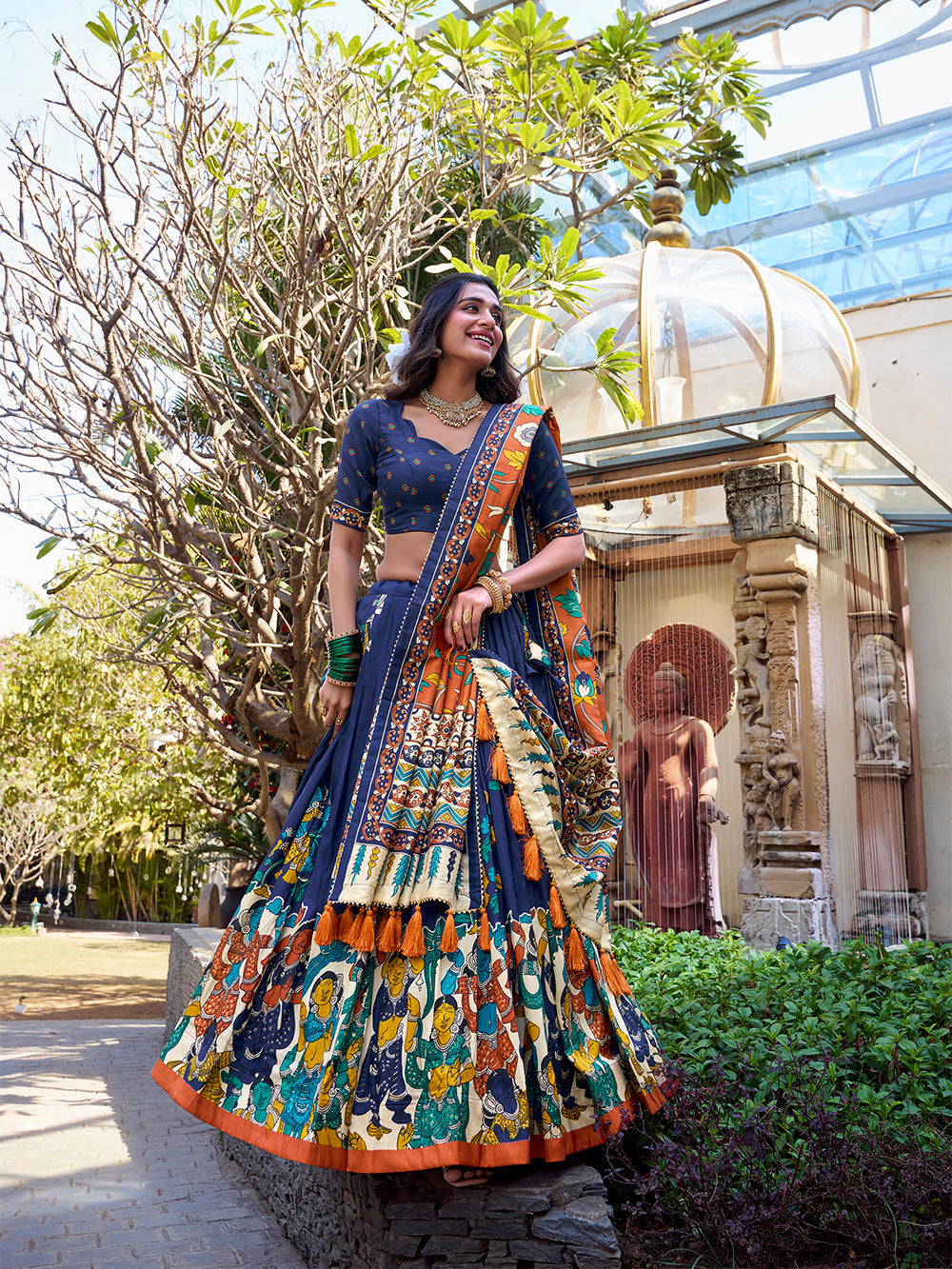 Navy Blue Color Kalamkari Print With Foil Work Tussar Silk Lehenga Choli