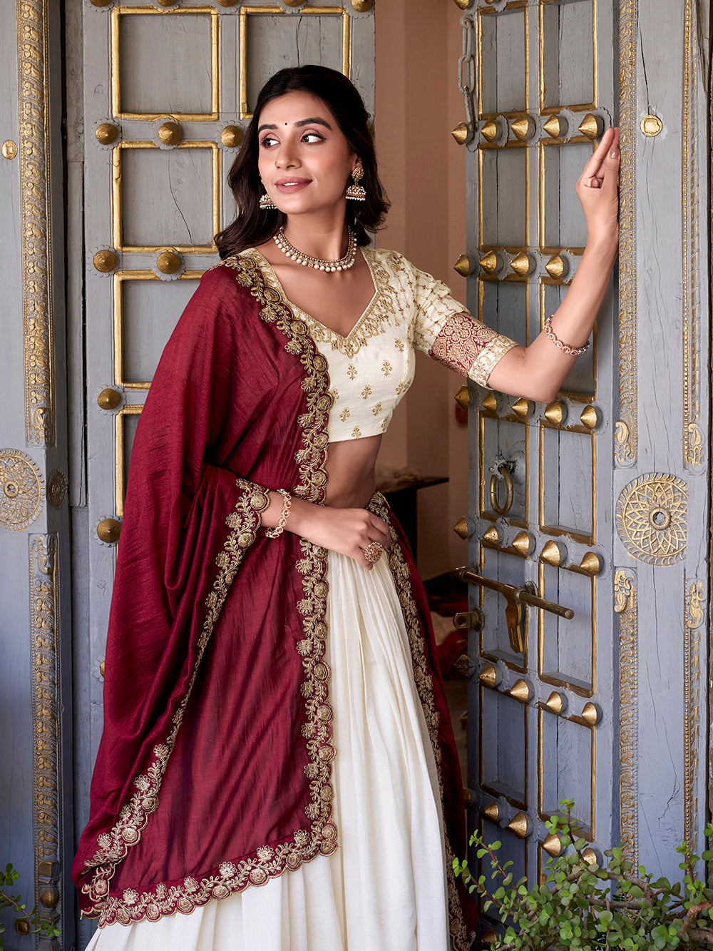 Off White Color Zari Weaving Work Lace Border Vichitra Silk Lehenga Choli