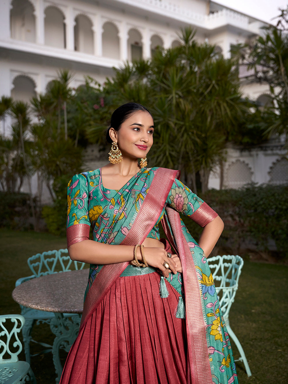 Salmon Color Printed (Kalamkari) With Zari Weaving Border Dola Silk Lehenga Choli