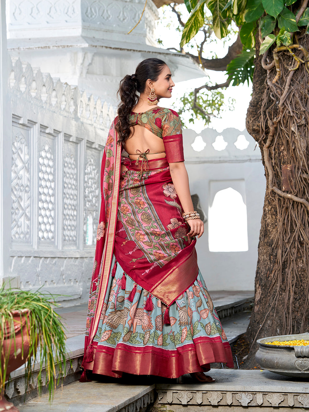 See Green Color Printed (Kalamkari) With Zari Weaving Border Jacquard Silk Lehenga Choli