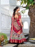 See Green Color Printed (Kalamkari) With Zari Weaving Border Jacquard Silk Lehenga Choli