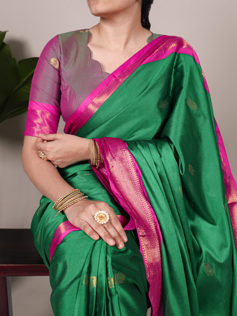 Traditional green cotton silk saree