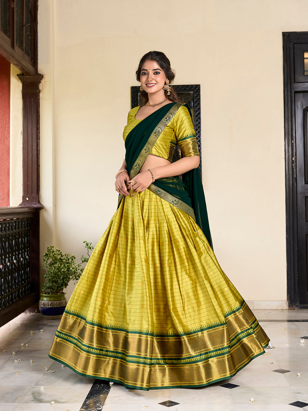 Parrot Color Weaving Work With Paithani Concept Cotton Silk Lehenga Choli