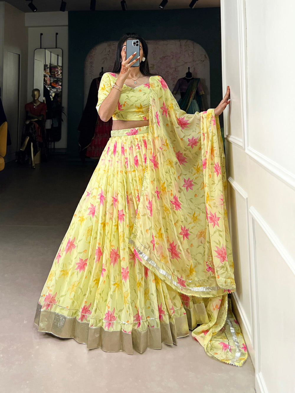 Yellow tabby silk floral print lehenga choli