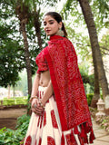 Red Color Bandhej Printed Tussar Silk Traditional Wear Lehenga Choli