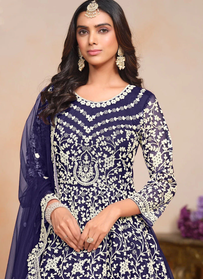 Royal blue embroidered Anarkali suit with net dupatta